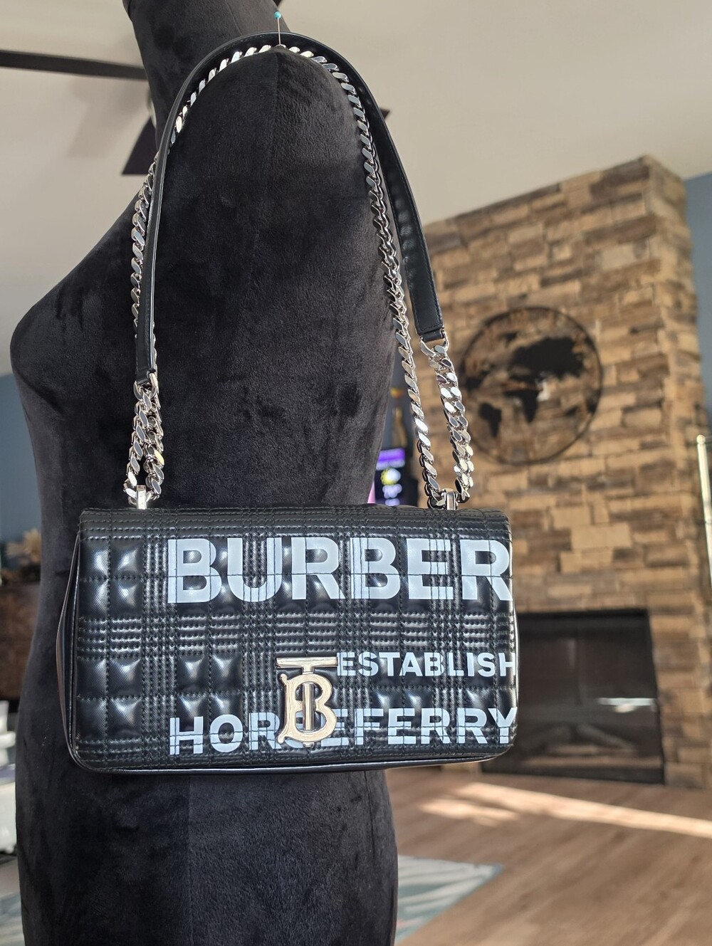 Burberry Black Quilted Logo Shoulder Bag with Silver Chain Detail